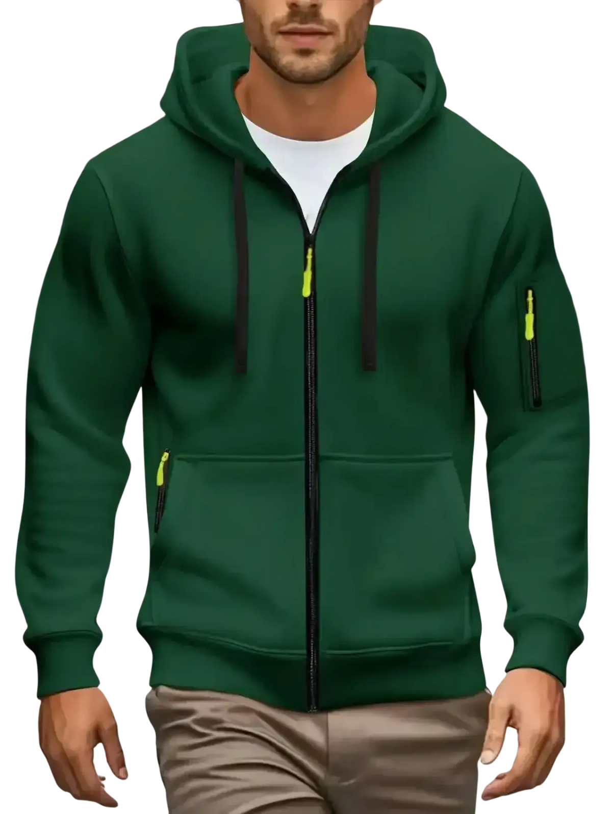 Men zip up hoodie in dark green with black drawstrings neon yellow zipper pulls front and sleeve pockets casual fall winter wear