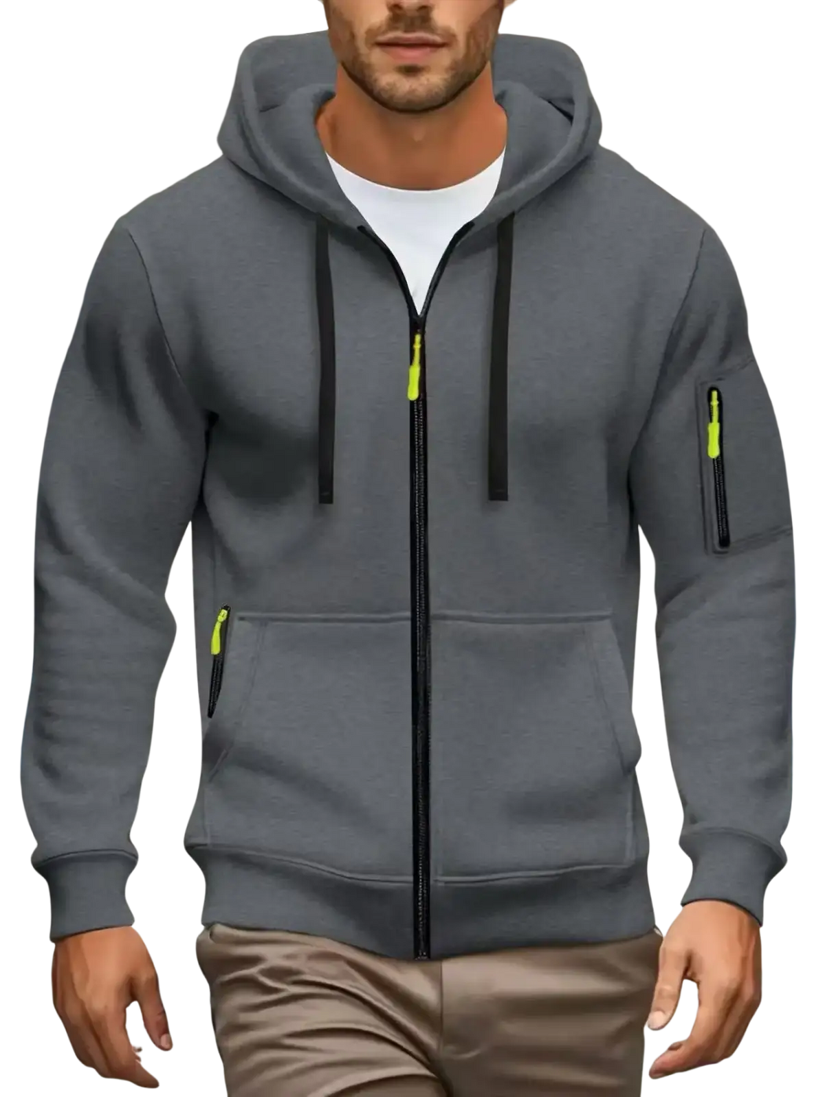 Men zip up hoodie casual fall winter sweatshirt in gray with black drawstrings and neon yellow zipper pulls