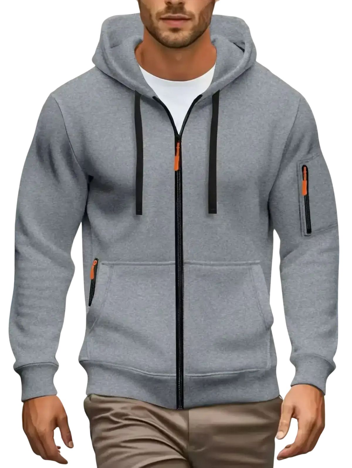 Men zip up hoodie in gray with black drawstrings and orange zipper pulls featuring front and sleeve pockets for casual fall winter wear