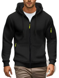 Men zip up hoodie in black with neon green zipper pulls and sleeve accents for casual fall winter wear