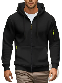 Men zip up hoodie in black with neon green zipper pulls and sleeve accents for casual fall winter wear
