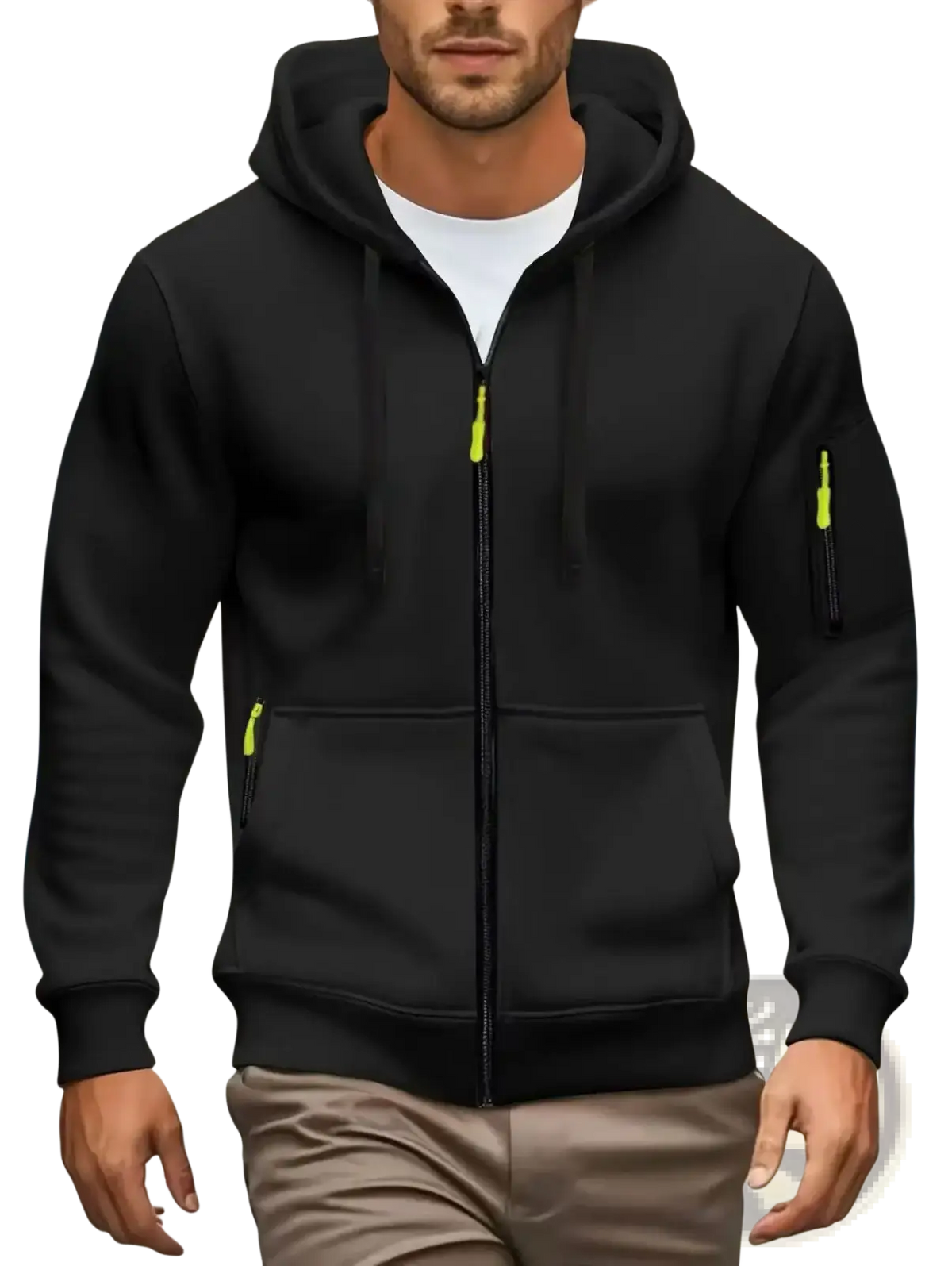 Men zip up hoodie in black with neon green zipper pulls and sleeve accents for casual fall winter wear