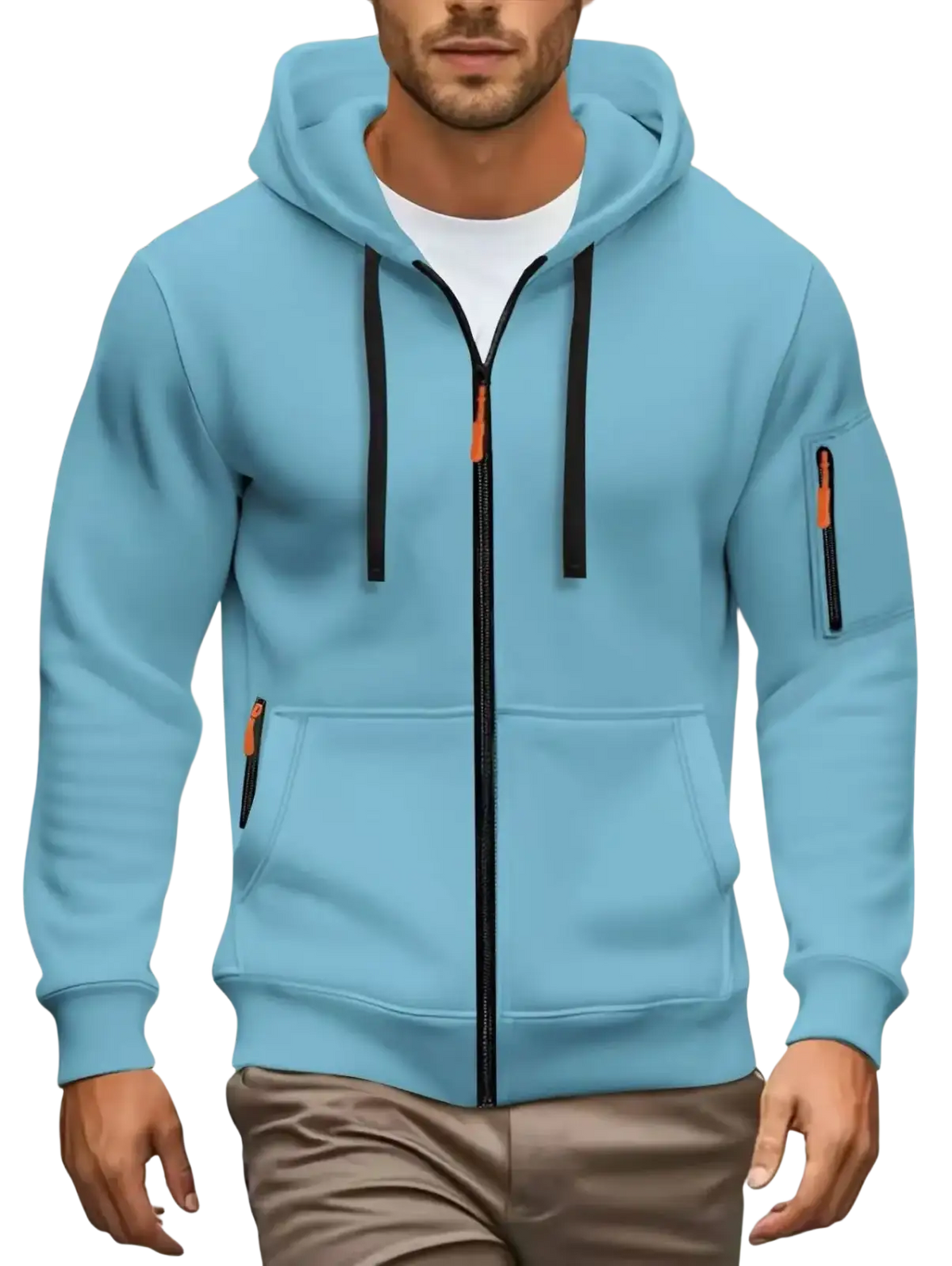 Men zip up hoodie in light blue with black drawstrings and orange zipper pulls featuring front and sleeve pockets for fall winter