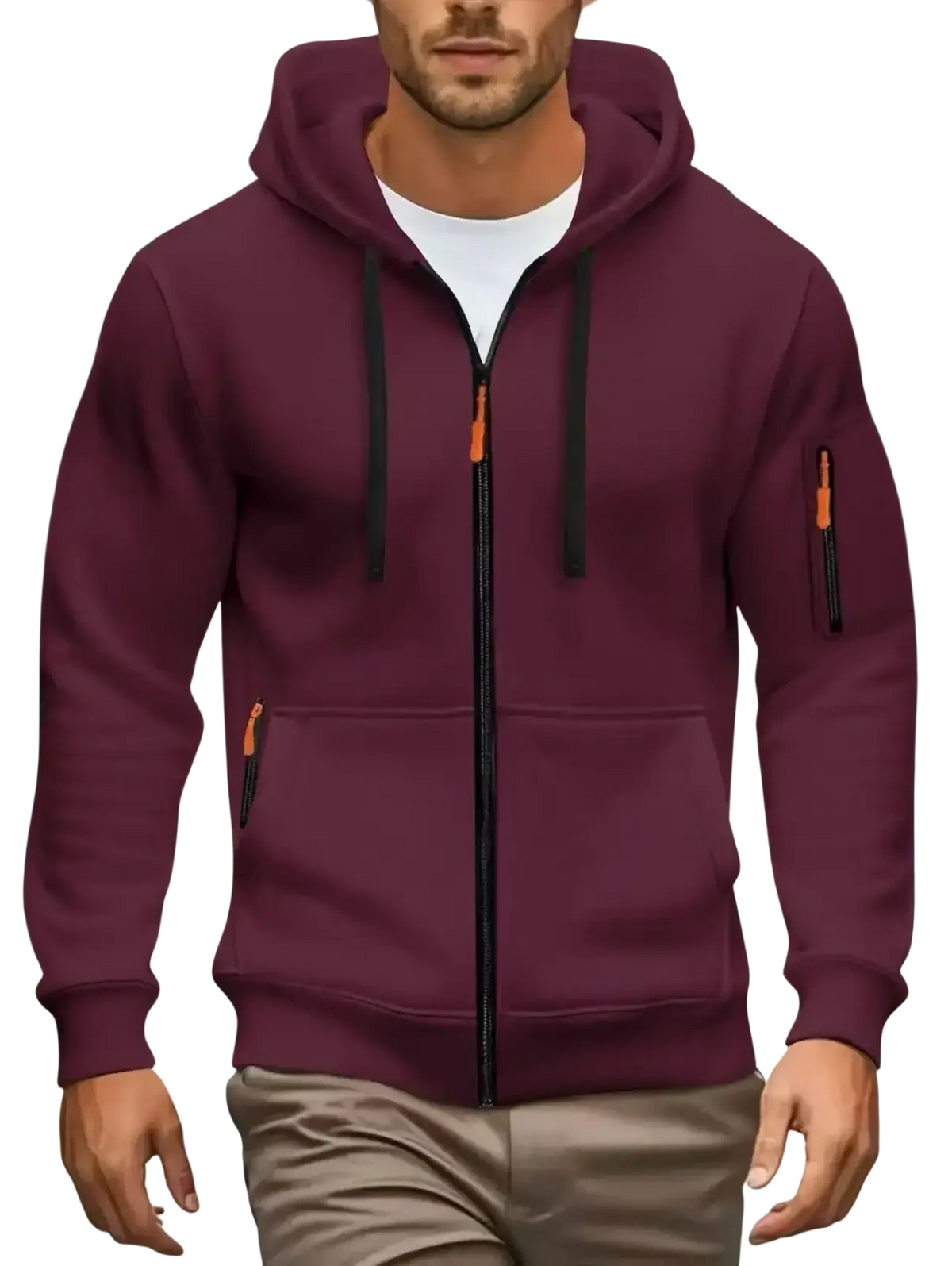 Men zip up hoodie in maroon with black drawstrings and orange zipper pulls for casual fall winter wear