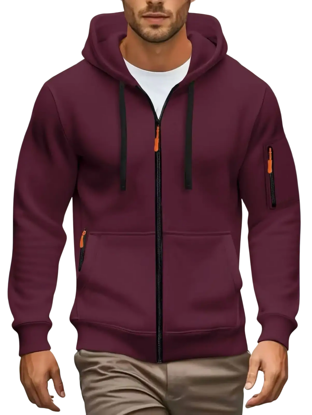 Men zip up hoodie casual fall winter sweatshirt in maroon with black drawstrings and orange zipper pulls