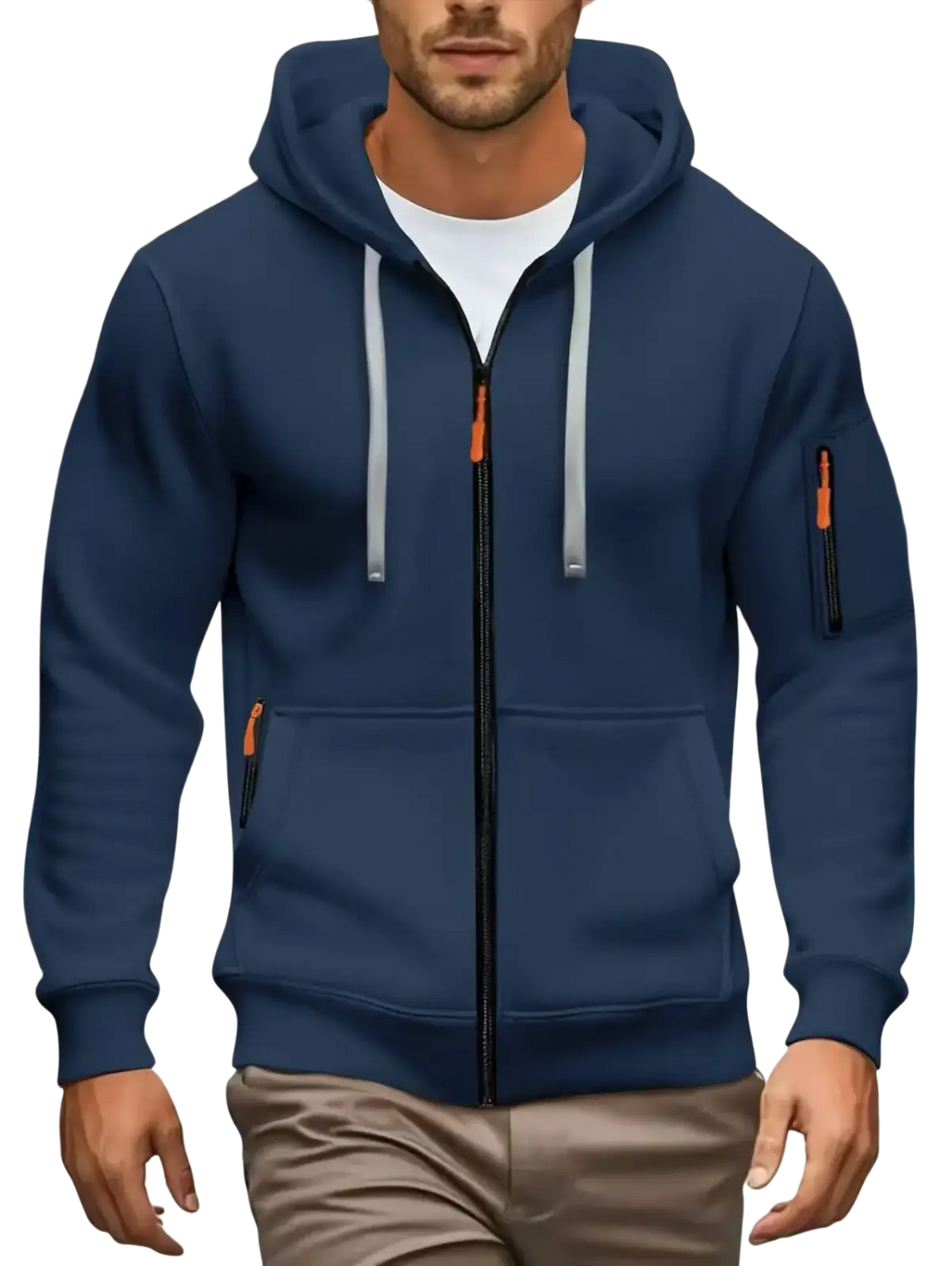 Men zip up hoodie navy blue with gray drawstrings and orange zipper pulls casual fall winter sweatshirt