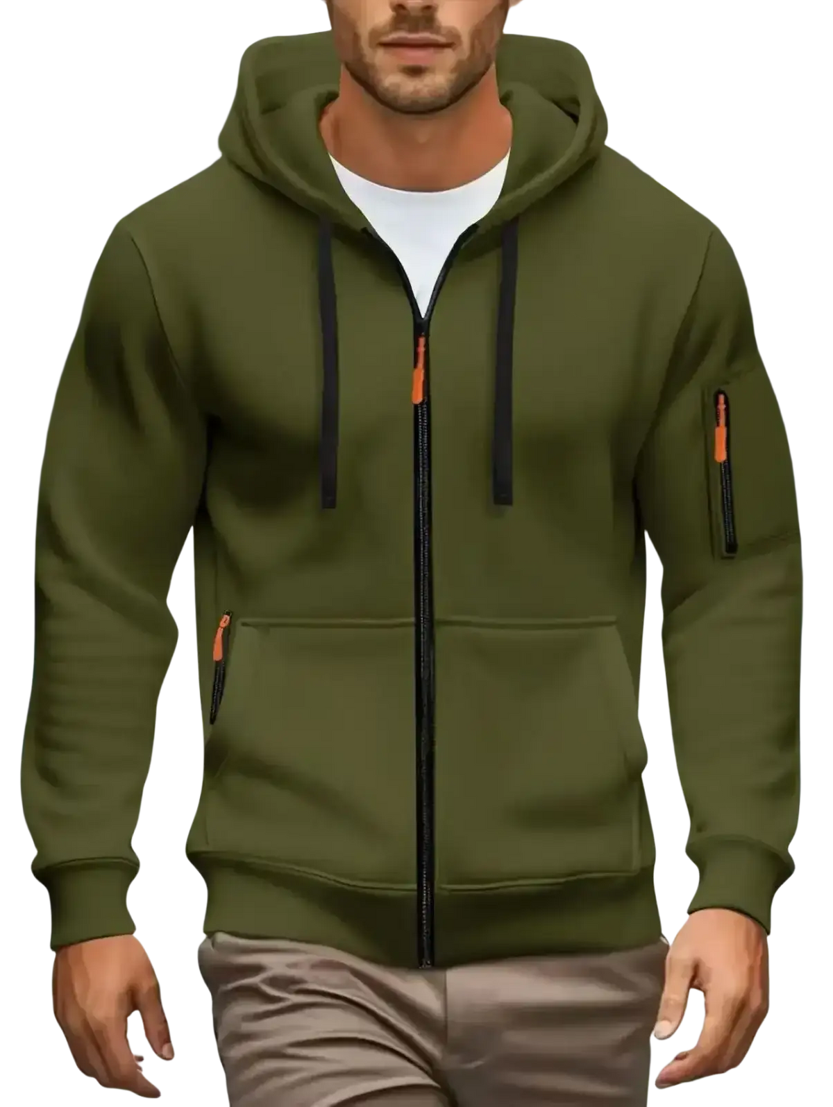 Men zip up hoodie in olive green with black drawstrings and orange zipper pulls for casual fall winter wear