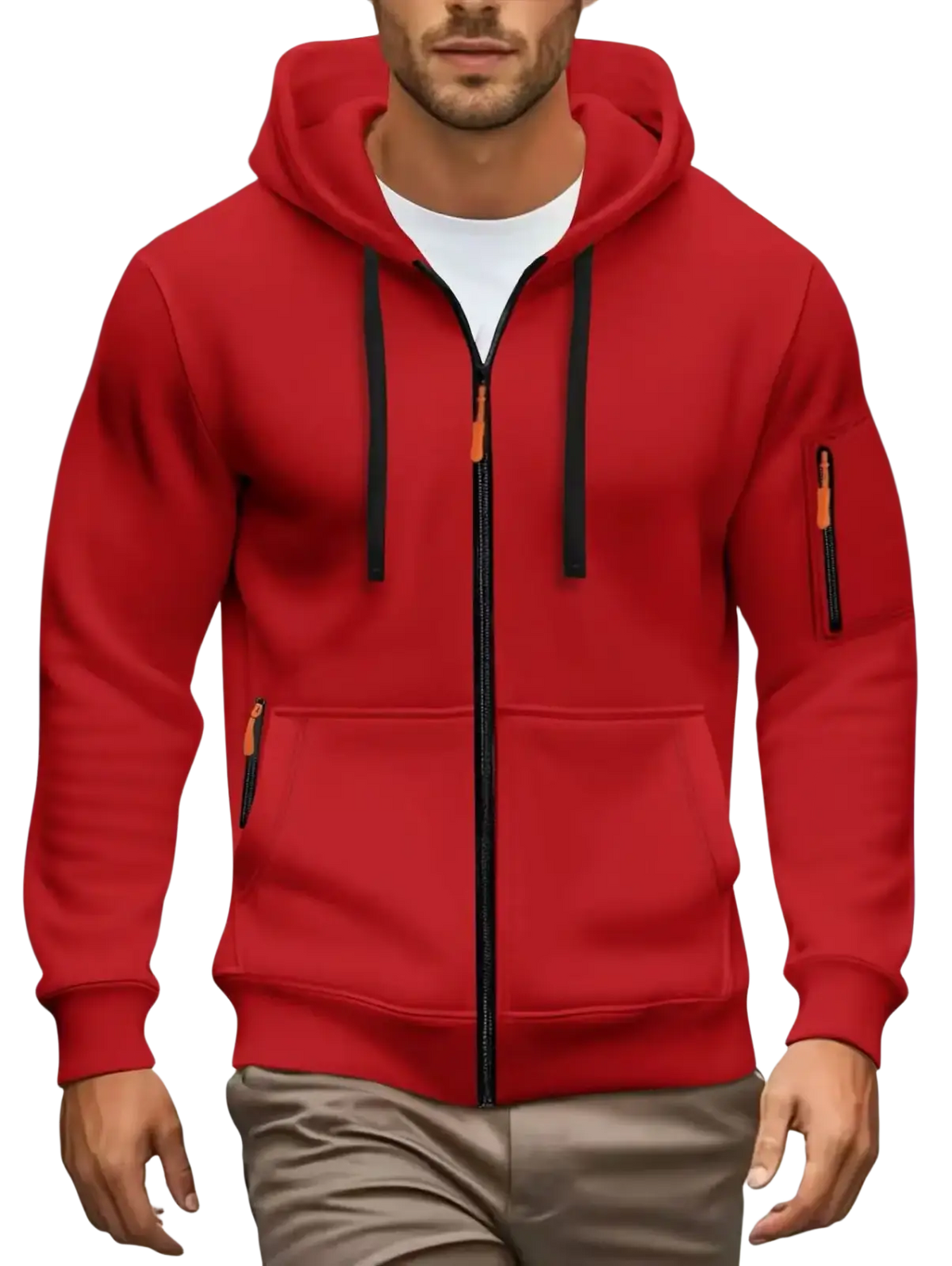 Men zip up hoodie in red with black drawstrings and orange zipper pulls for casual fall winter wear