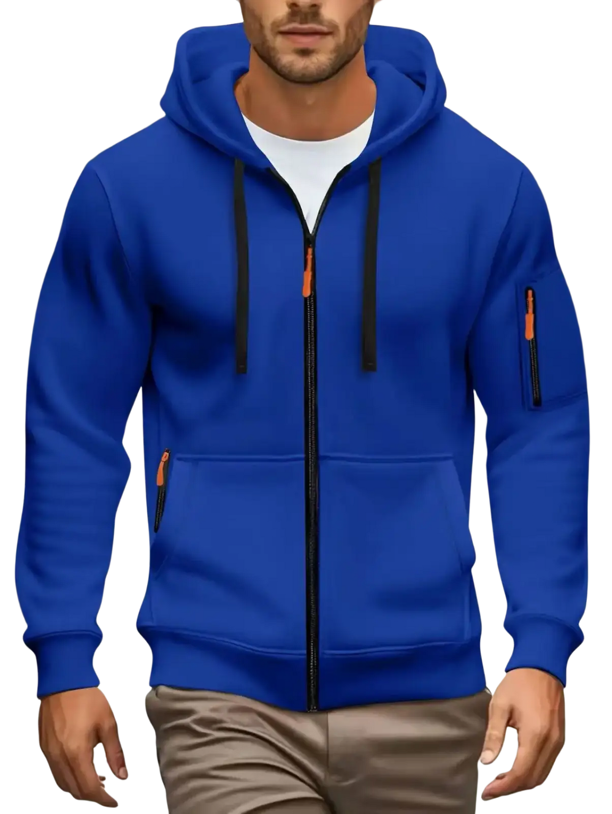 Men zip up hoodie in royal blue with black drawstrings and orange zipper pulls for casual fall and winter wear