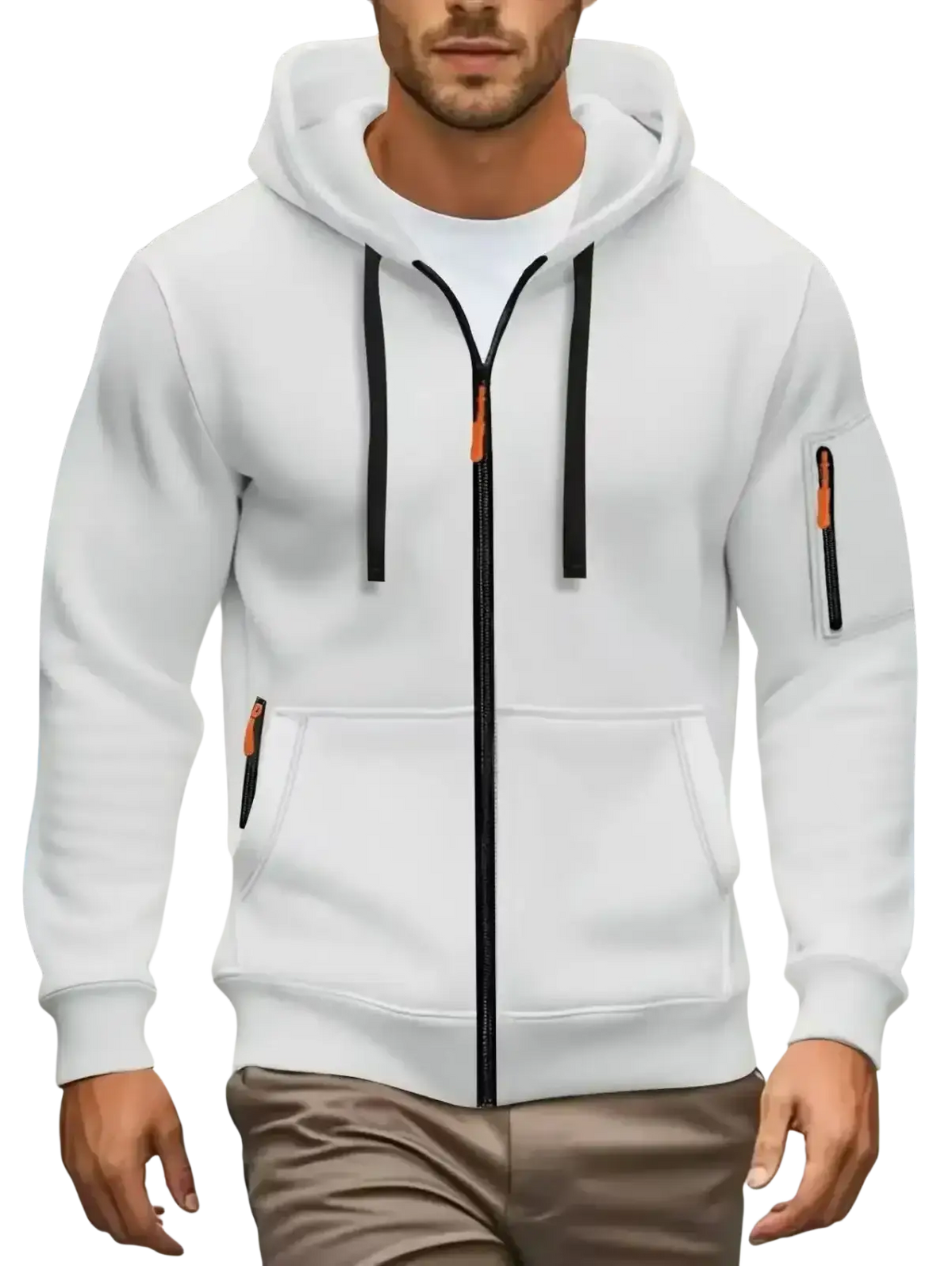 Men zip up hoodie casual fall winter sweatshirt in white with black drawstrings and orange zip and pocket pulls