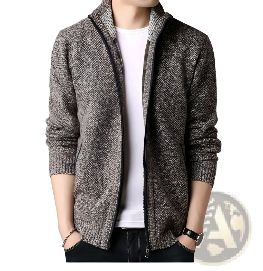Men zip up stand collar cardigan sweater in textured gray knit with ribbed cuffs and hem