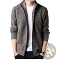 Men zip up stand collar cardigan sweater in textured gray knit with ribbed cuffs and hem