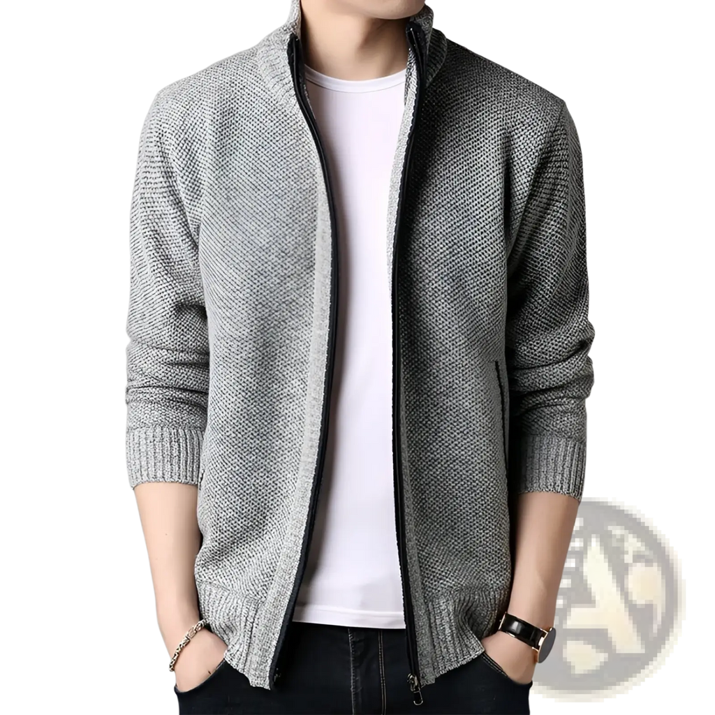 Men zip up stand collar cardigan sweater made of gray textured knit with ribbed cuffs and hem