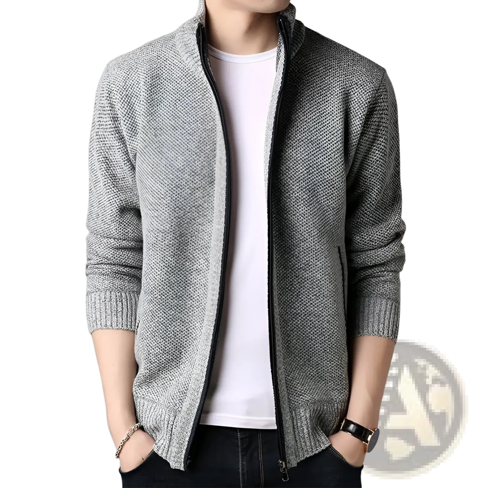 Men zip up stand collar cardigan sweater made of gray textured knit with ribbed cuffs and hem