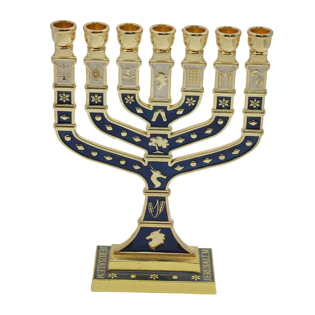 Gold and blue enamel menorah candelabrum with intricate Hebrew symbols and Jerusalem map base for living room home decor