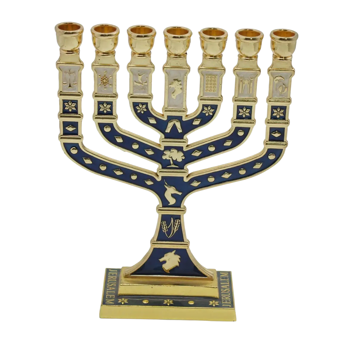Gold and blue enamel menorah candelabrum with intricate Hebrew symbols and Jerusalem map base for living room home decor