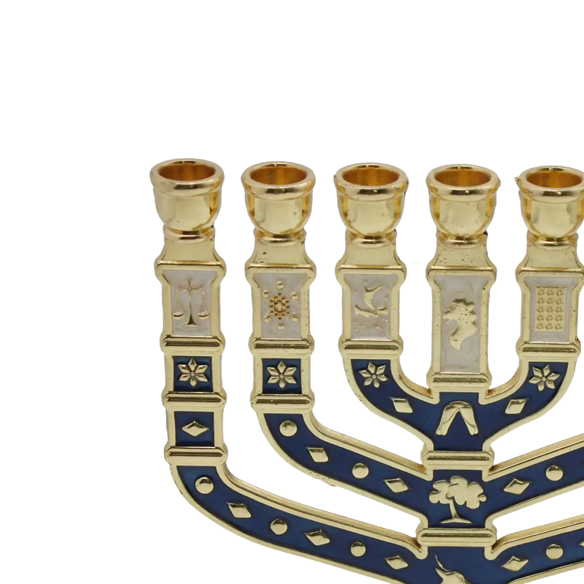 A gold and blue enamel menorah candelabrum with intricate engraved symbols for living room home decor
