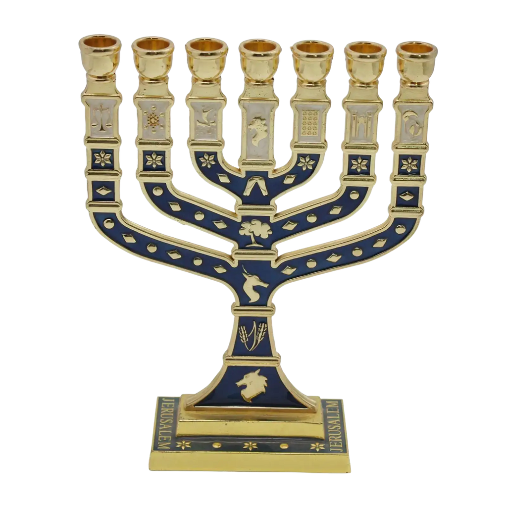 Gold and deep blue enamel menorah candelabrum with intricate engraved symbols for living room home decor