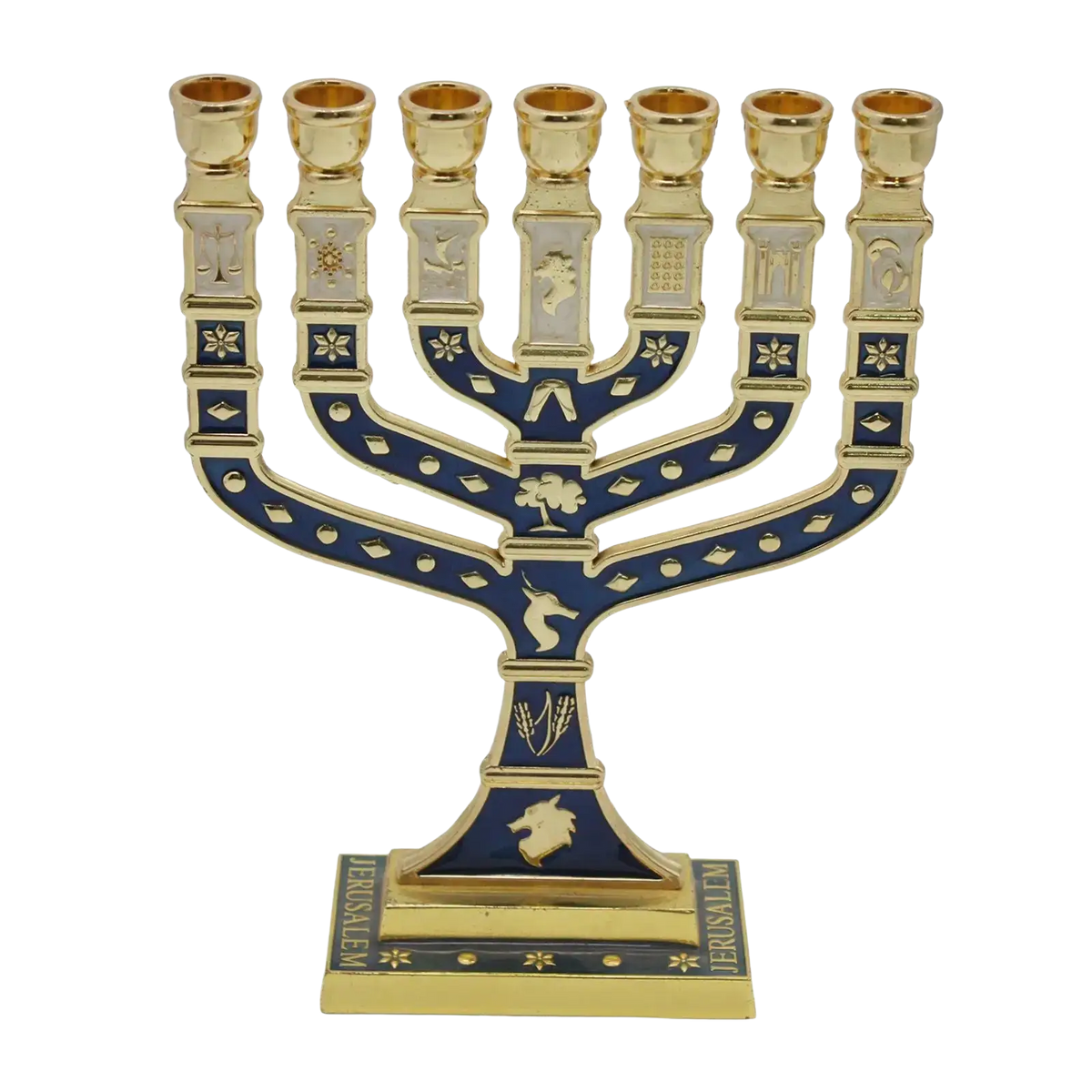 Gold and deep blue enamel menorah candelabrum with intricate engraved symbols for living room home decor