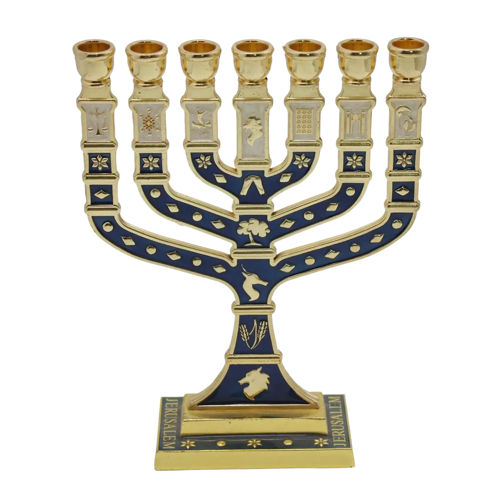 Gold and deep blue enamel menorah candelabrum with intricate engravings and hebrew motifs for living room home decor