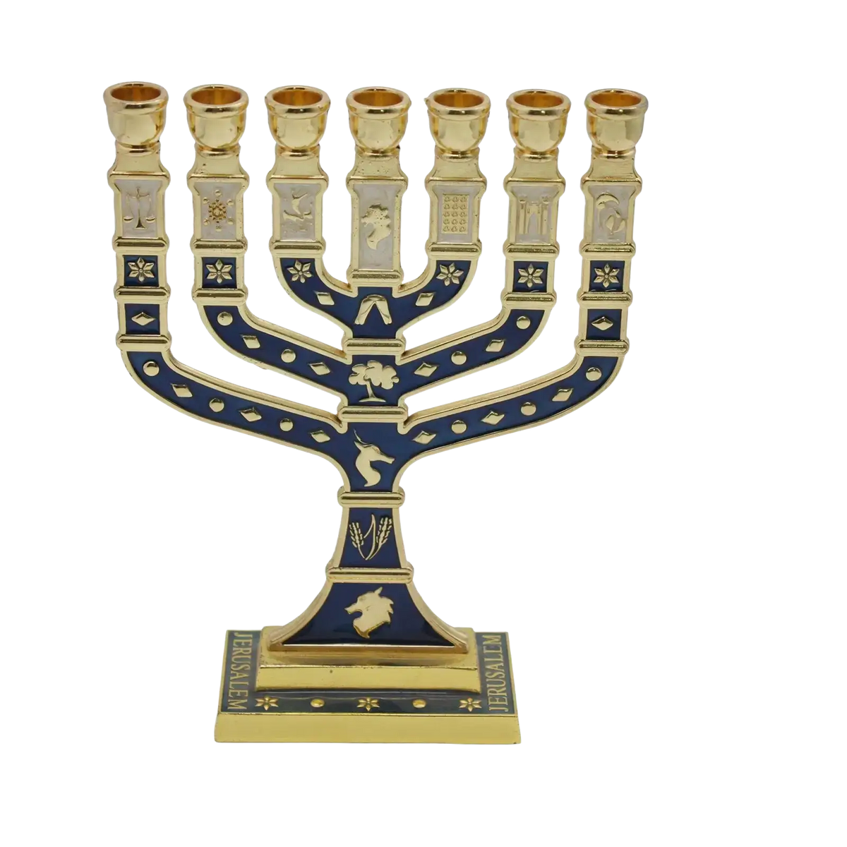 Menorah candelabrum with gold and deep blue enamel featuring intricate engraved symbols for living room home decor