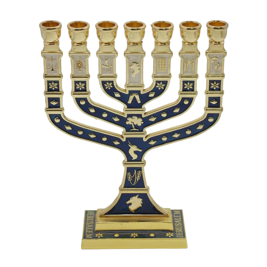 Golden menorah candelabrum with navy blue enamel inlays and silver-toned motifs for living room home decor