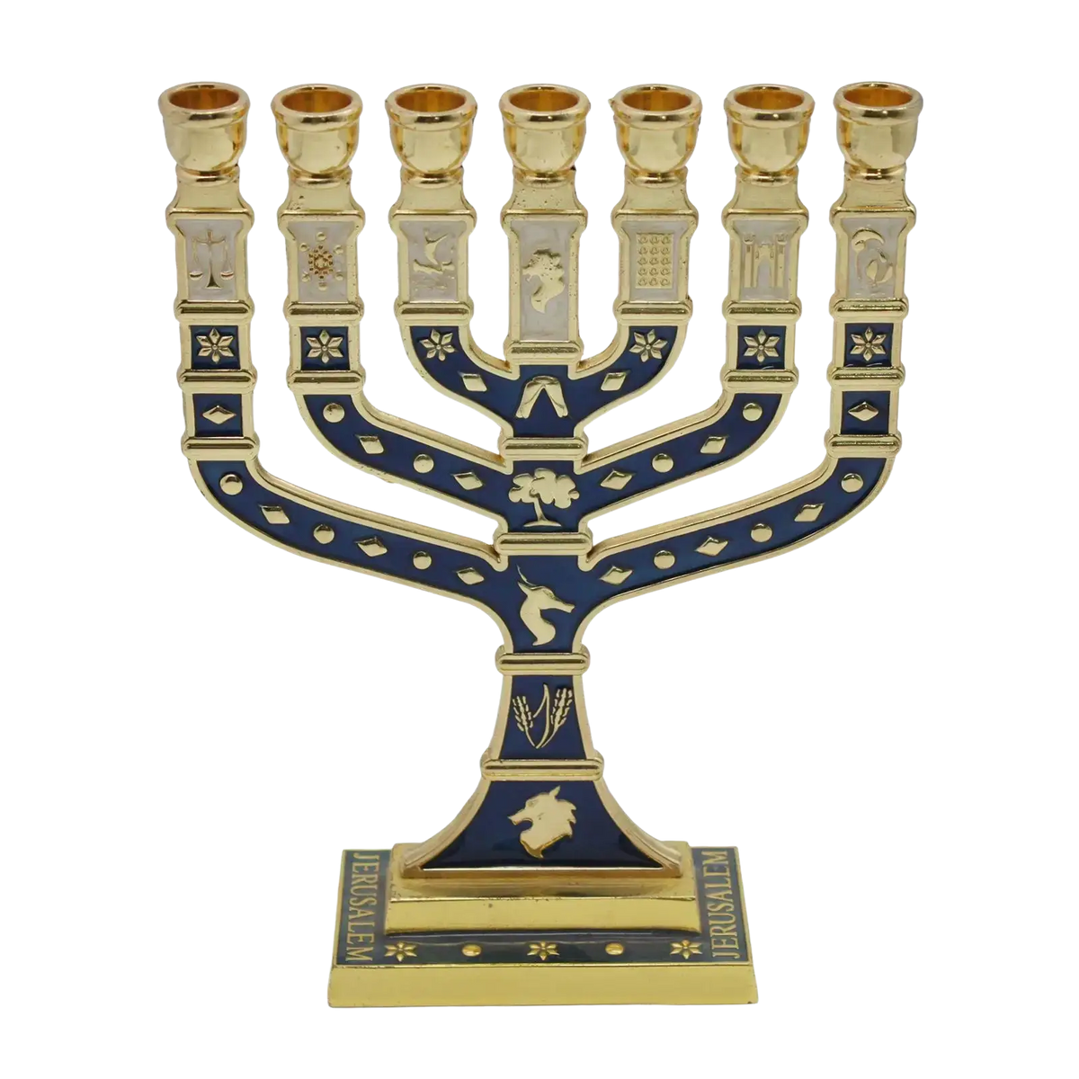 Golden menorah candelabrum with navy blue enamel inlays and silver-toned motifs for living room home decor