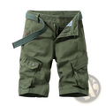 Men’s olive green 100 cotton straight leg cargo shorts with multiple pockets and a matching belt visible