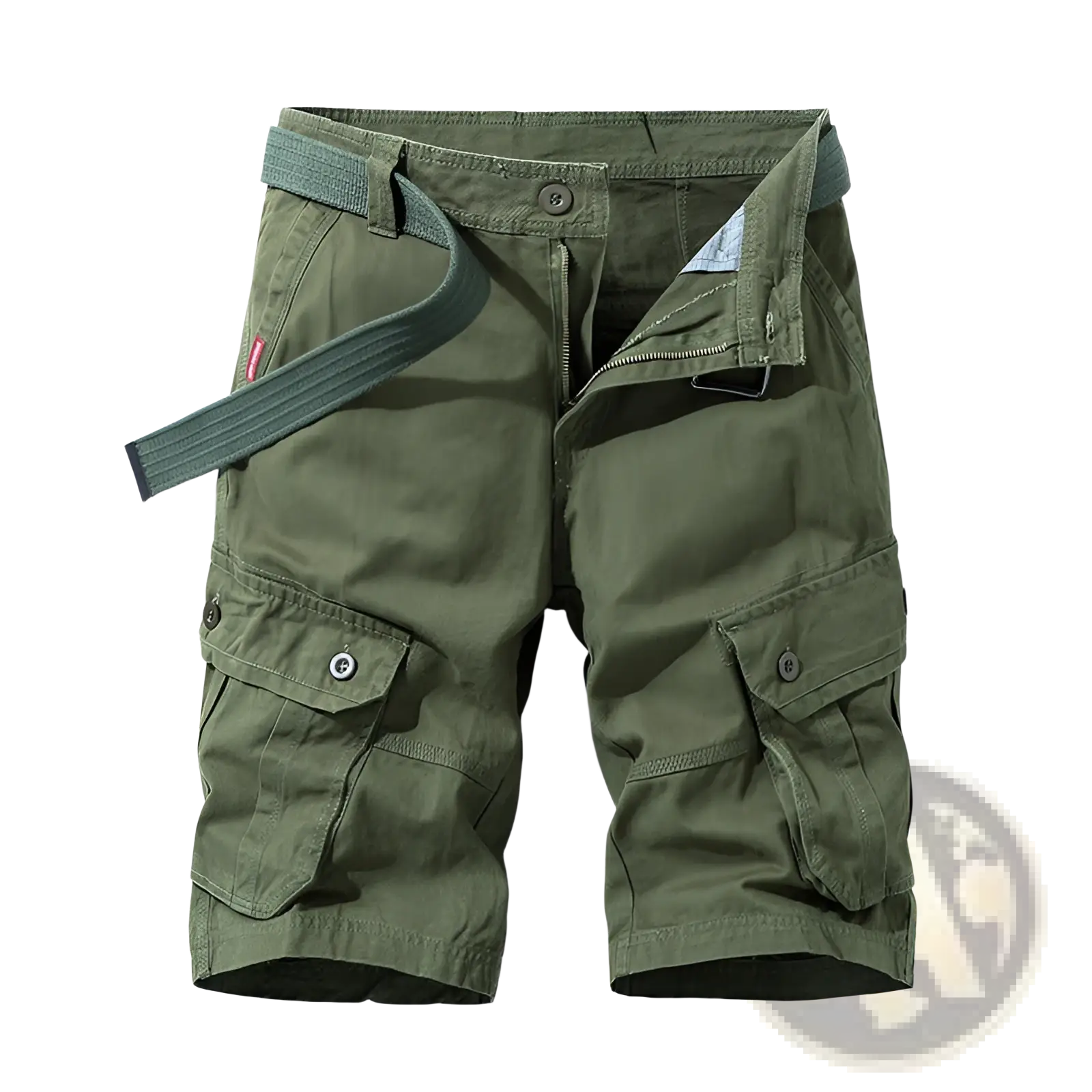 Men’s olive green 100 cotton straight leg cargo shorts with multiple pockets and a matching belt visible