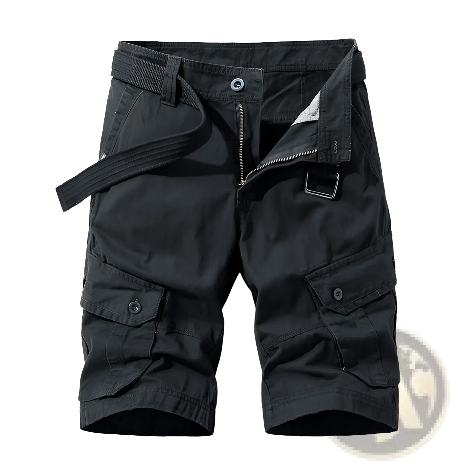 Men’s 100 percent cotton black cargo shorts with multiple pockets and matching belt straight leg design