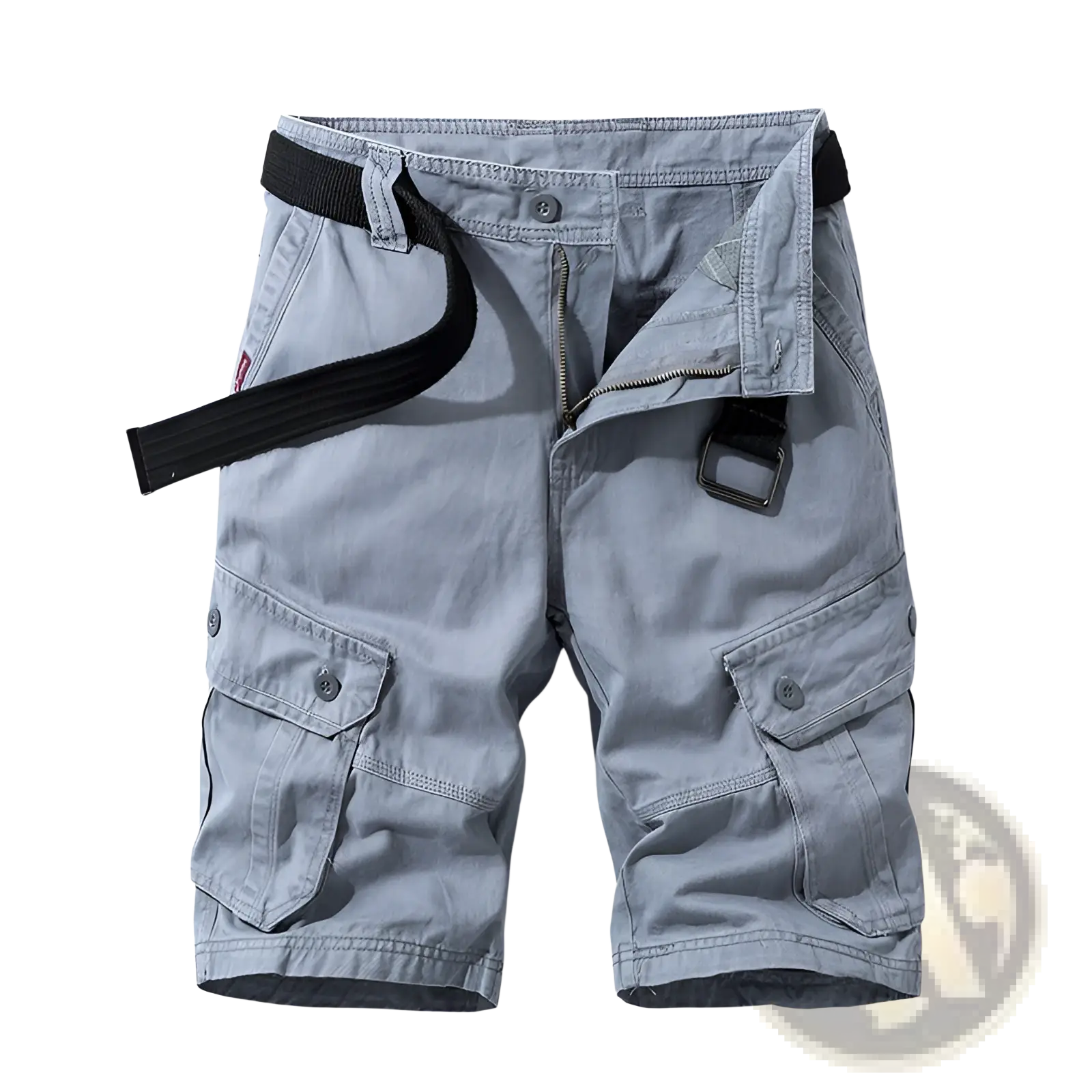 Men’s light gray 100 percent cotton straight leg cargo shorts with multiple pockets and black belt looped through waistband