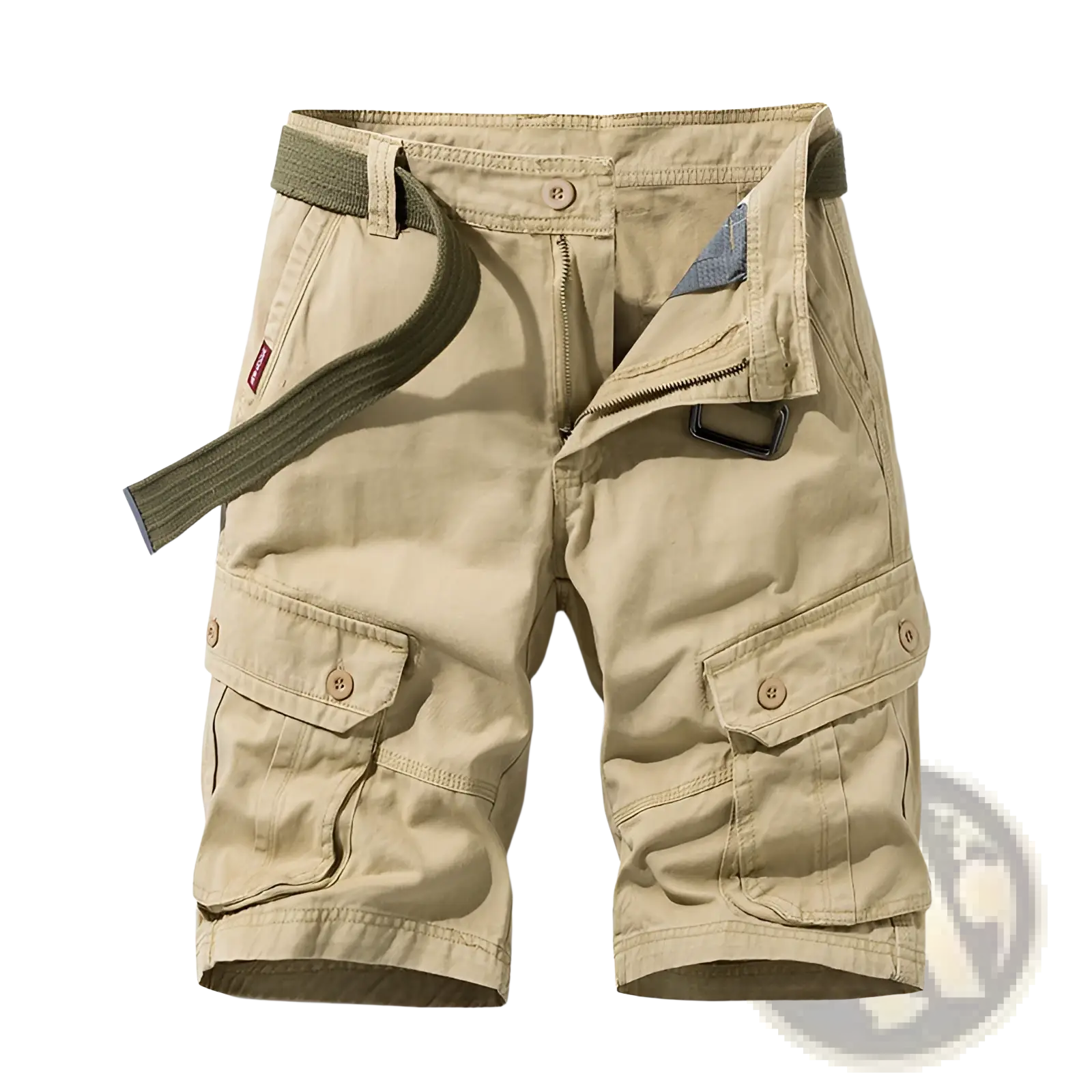 Beige men’s 100% cotton straight leg cargo shorts with multiple pockets and an olive green belt