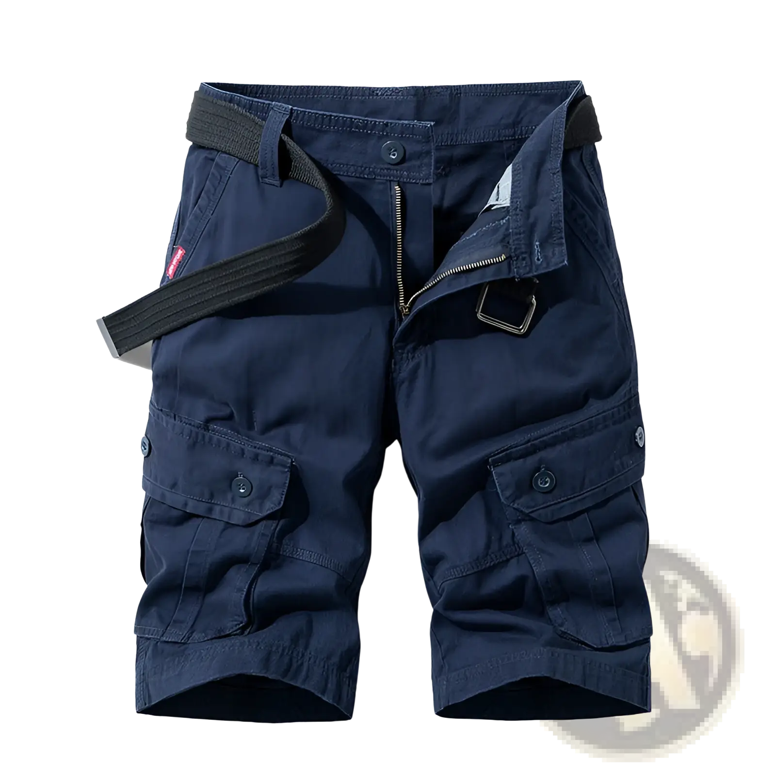 Men’s 100% cotton straight leg dark navy blue cargo shorts with multiple pockets and a black belt in the waistband