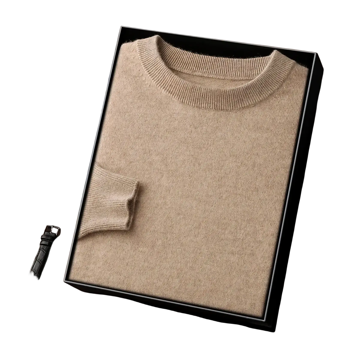 Beige men’s 100 percent merino wool crewneck sweater with ribbed cuffs in a sleek black gift box
