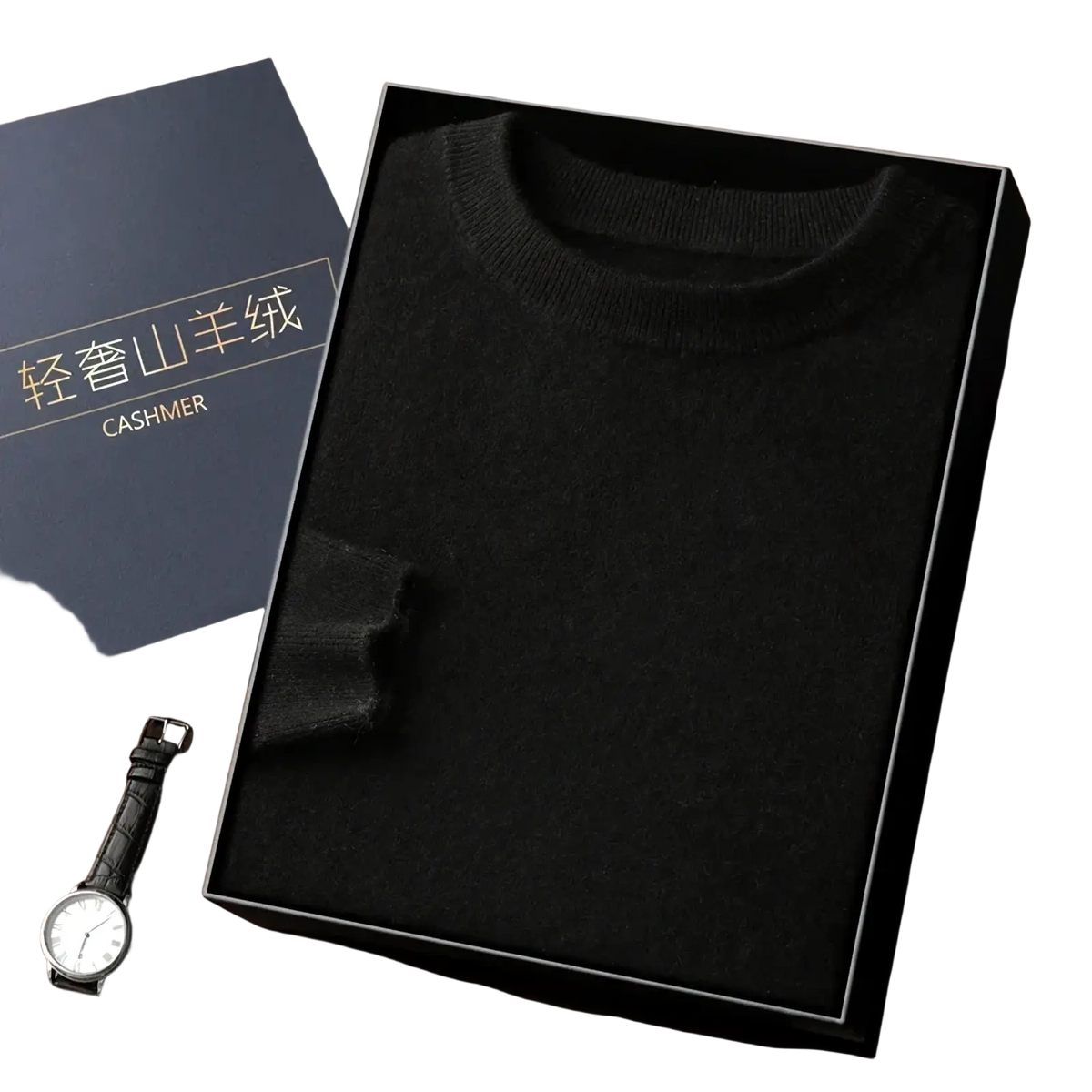 Men’s 100% merino wool black crewneck sweater in a sleek minimalist box with gold lettering