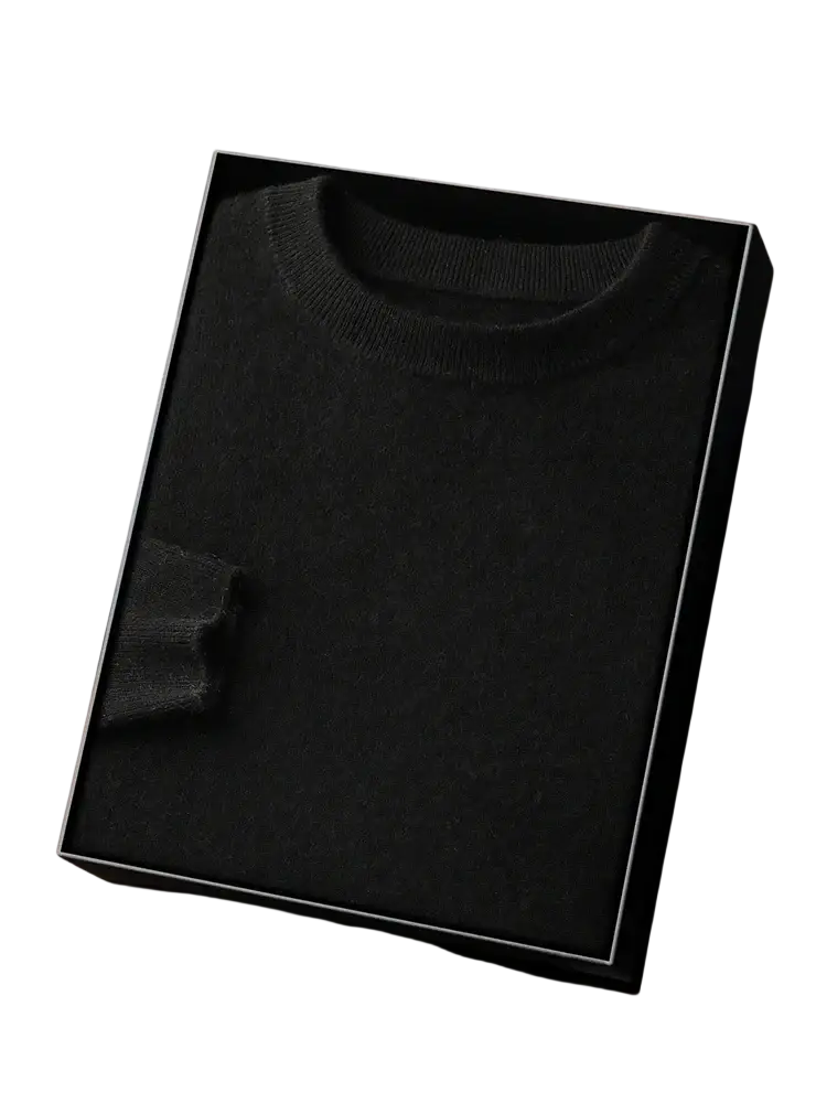 Black mens 100% merino wool crewneck sweater in a sleek gift box made of cashmere material