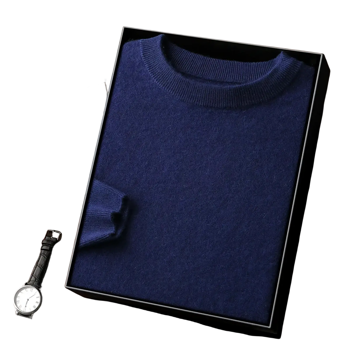 Men’s 100% merino wool crewneck sweater in deep navy with a sleek ribbed cashmere knit design