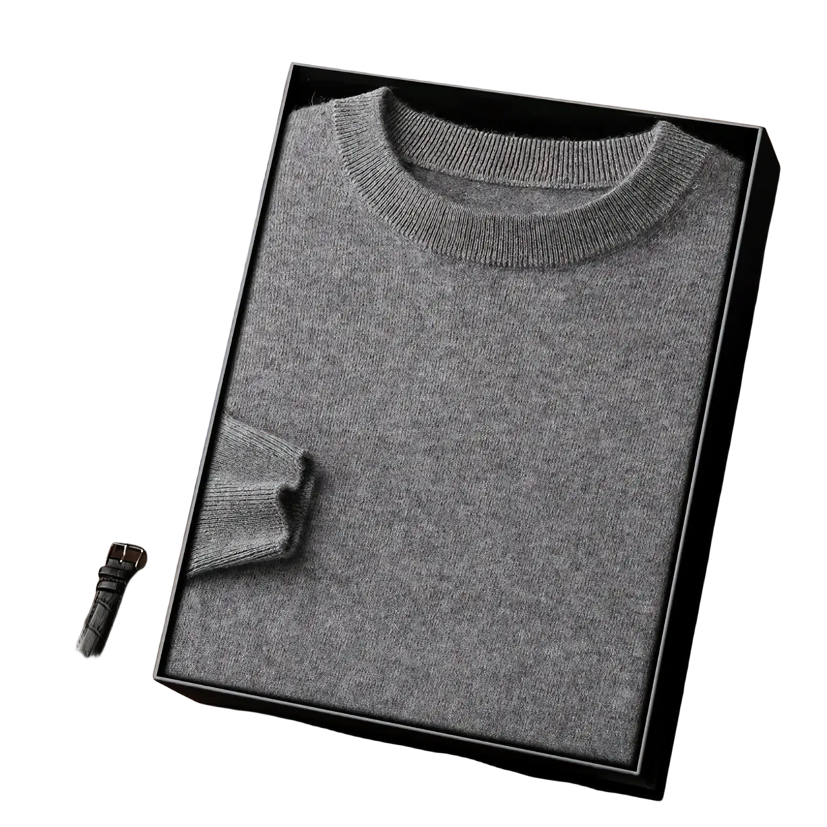 Men’s 100% merino wool gray crewneck sweater with soft knit and ribbed neckline in a sleek black gift box