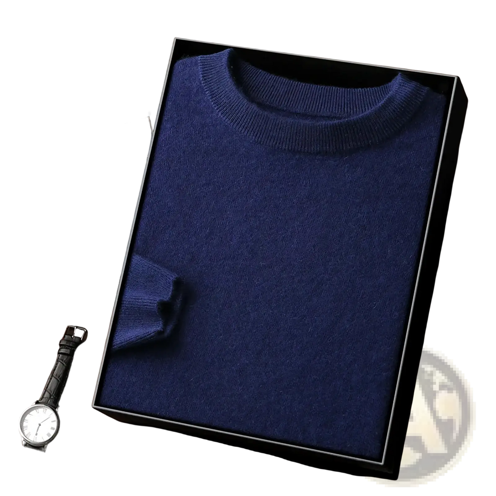 Men’s 100% merino wool crewneck sweater in deep navy with a sleek ribbed cashmere knit design
