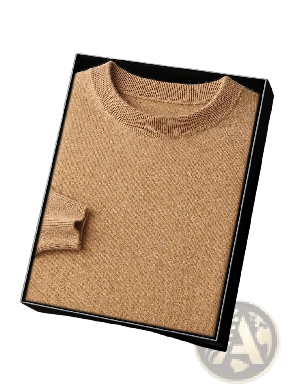 A soft camel-colored men’s 100% merino wool crewneck sweater with ribbed neck and cuffs neatly folded in a black gift box