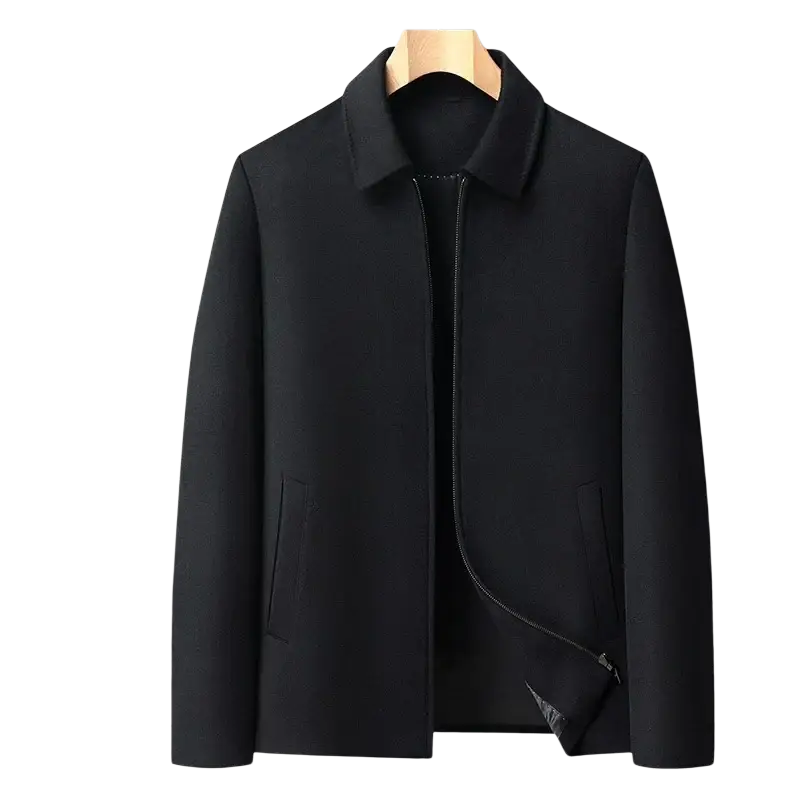 Men’s black wool zip winter coat made from 100 percent Australian wool with classic collar and front zipper closure