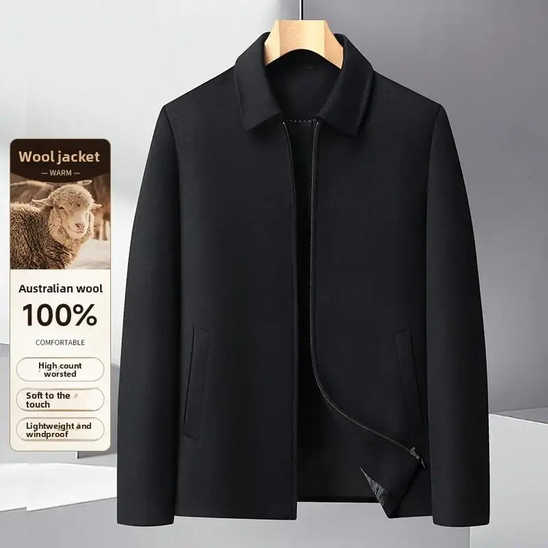 Men’s black wool zip winter coat made from 100 percent Australian wool with classic collar and front zipper closure