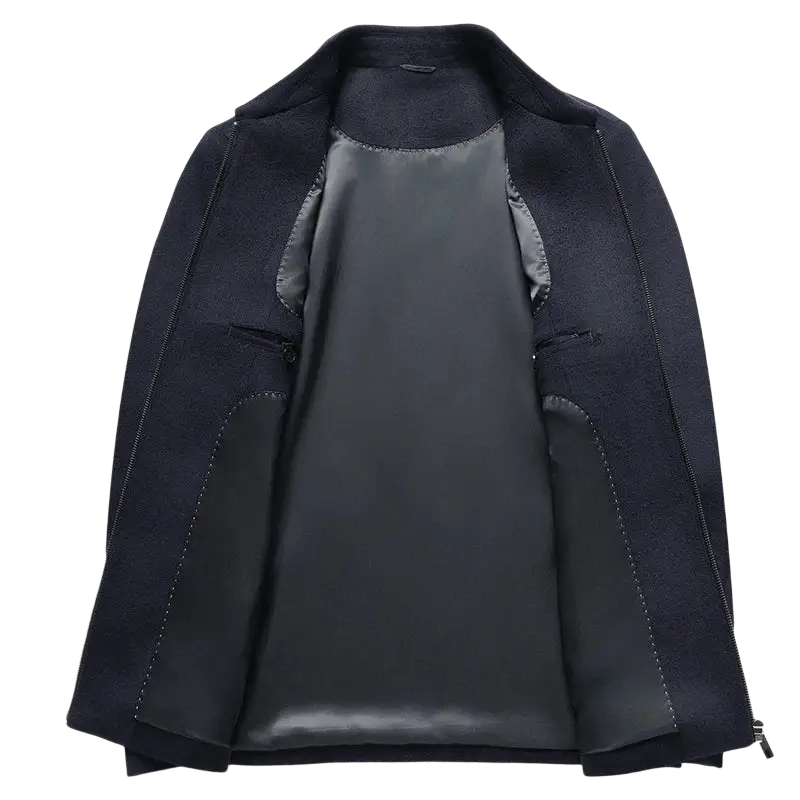 Black men’s 100 percent wool zip winter coat with sleek modern design and contrasting satin lining