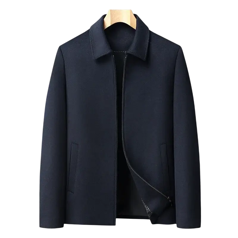 Men’s dark navy wool blend winter coat with classic collar and front zipper closure for cold weather use