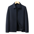 Men’s dark navy wool blend winter coat with classic collar and front zipper closure for cold weather use