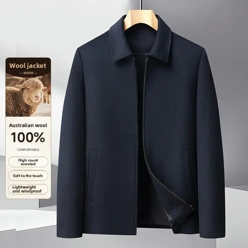 Men’s dark navy wool zip winter coat with classic collar made from 100 percent Australian wool