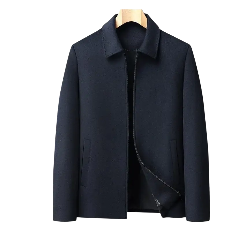 Men’s dark navy wool zip winter coat with classic collar made from 100 percent Australian wool