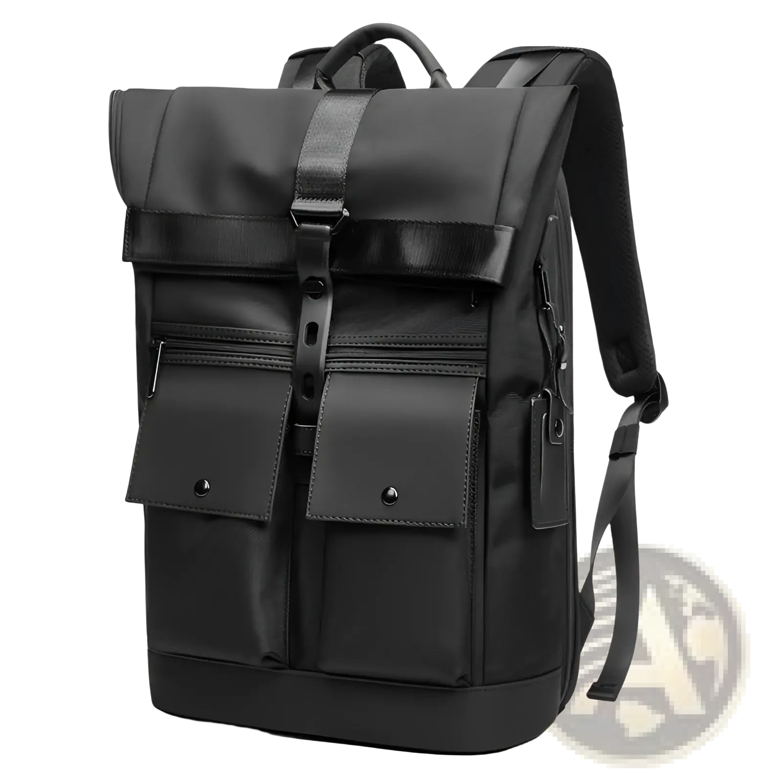 Men’s 16 inch roll top laptop backpack in black nylon with textured fabric and smooth leather-like accents