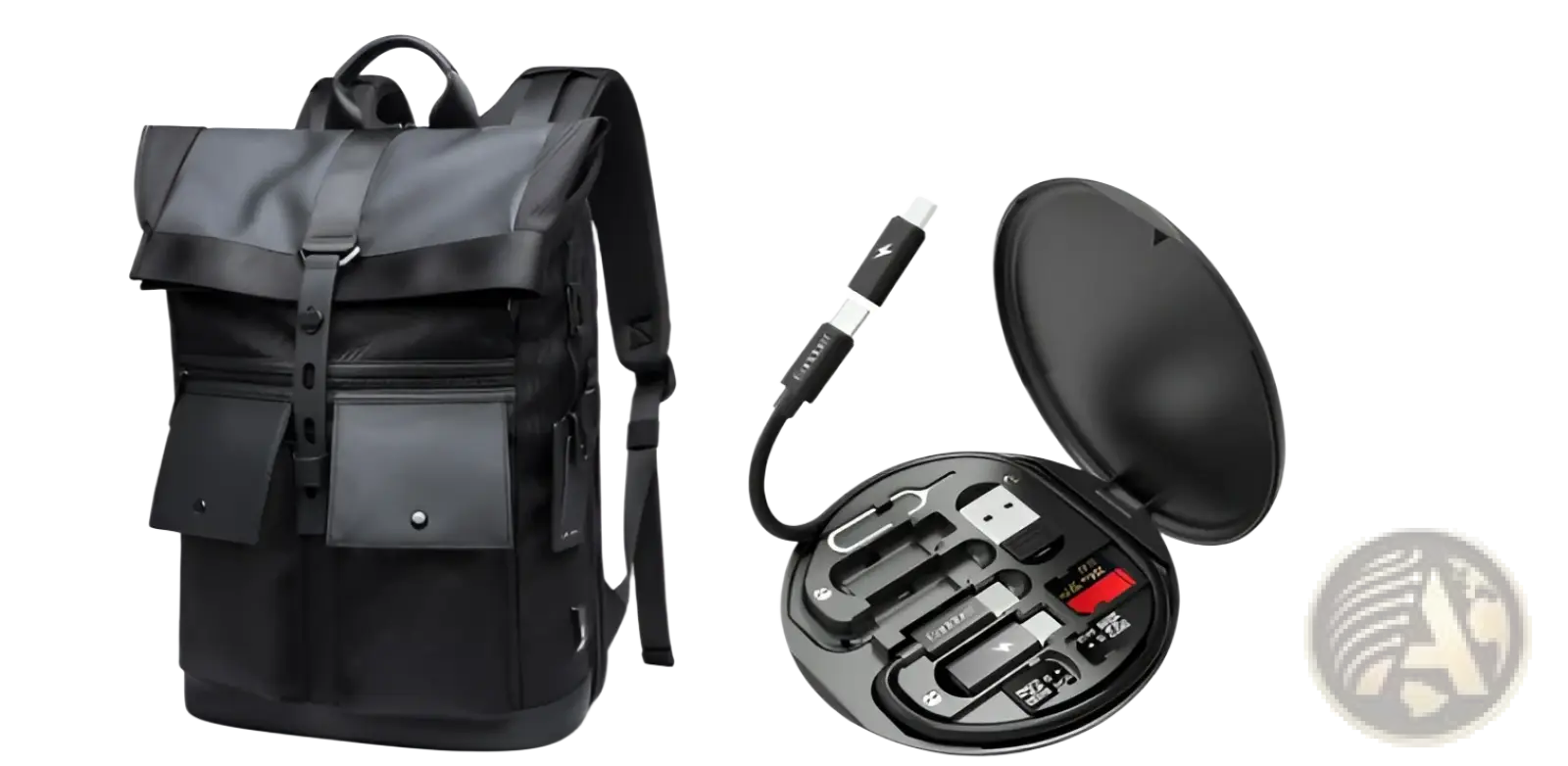 Black mens 16 inch roll top laptop backpack made of durable nylon with minimalist design and sleek fabric material