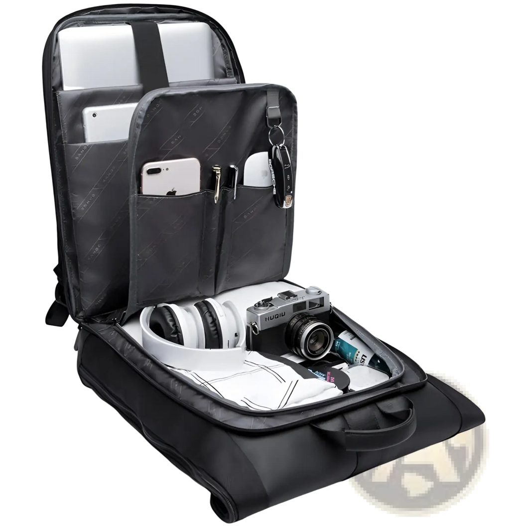 Men’s 16 inch roll top laptop backpack black nylon with multiple compartments and sleek minimalist design